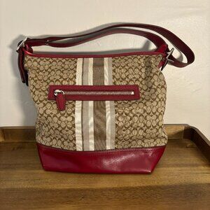 Coach Legacy Khaki Signature Tan Cream Stripe Red Leather Duffle Shoulder Bag